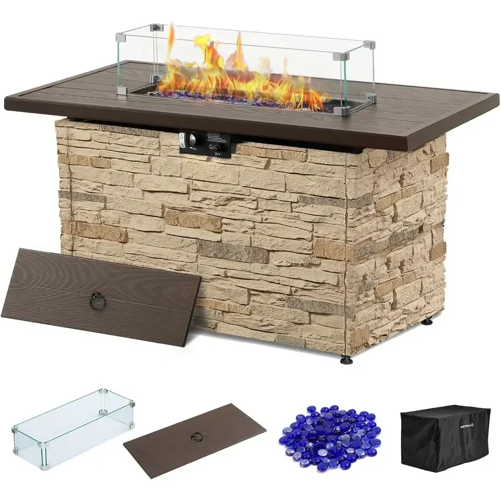 43 Outdoor Propane Fire Pit Table with Wind Guard, Table Lid, Fire Beads, Cover, and Bucket Set for Patio Use