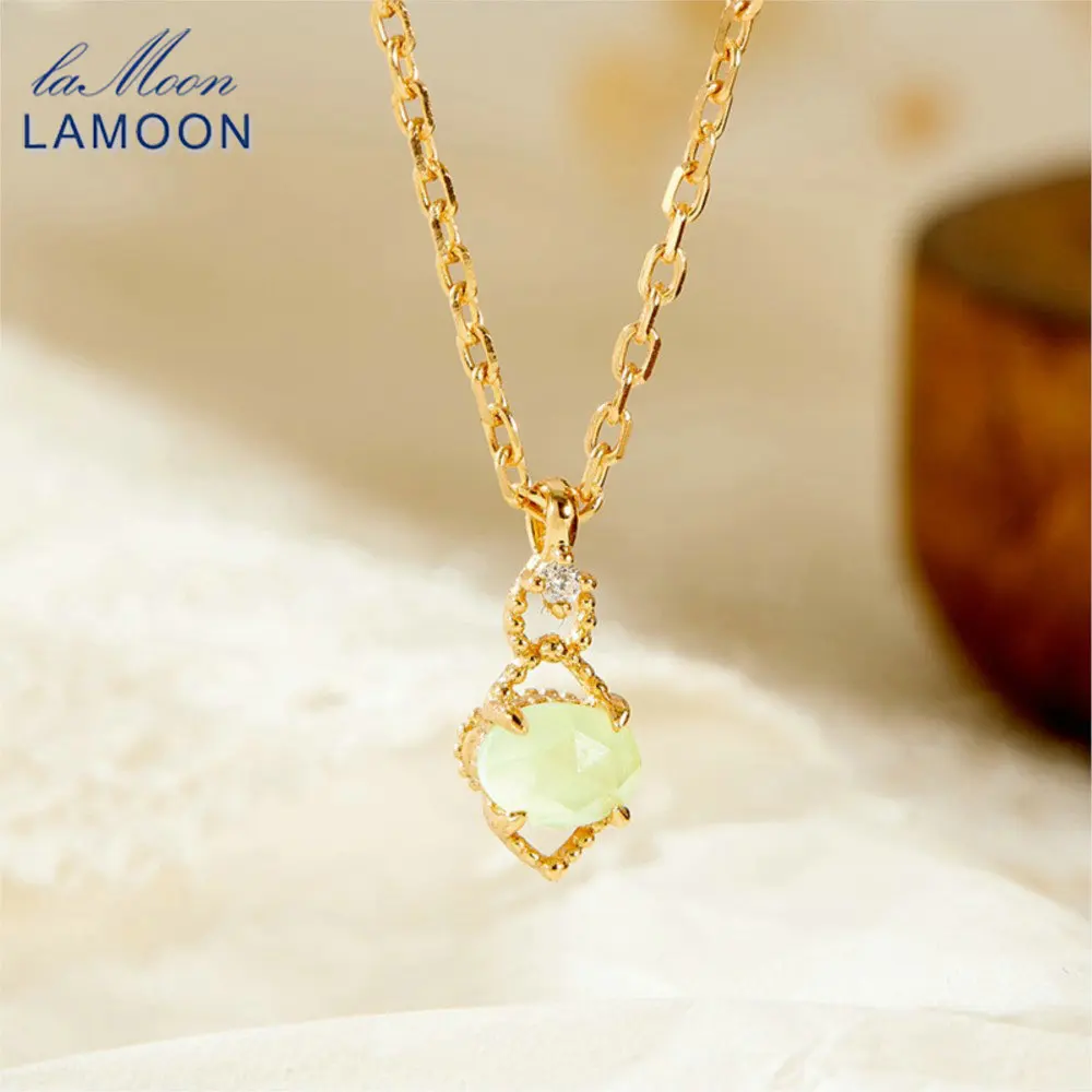 

LAMOON Vintage Natural Prehnite Gemstone Pendant Necklace For Women Luxury 925 Sterling Silver Gold Plated Fine Jewelry Gift