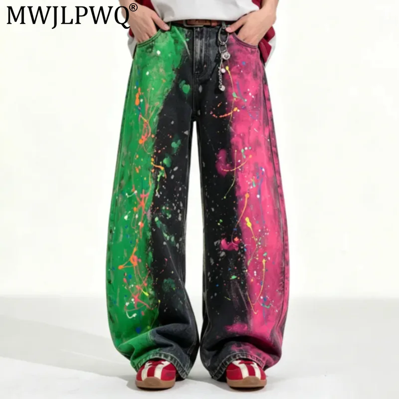 MWJLPWQ Graffiti Color Blocked Versatile Jeans Men's Fashion Washed Loose Casual Curved Knife Pants 2026 Autumn New Tide 17794