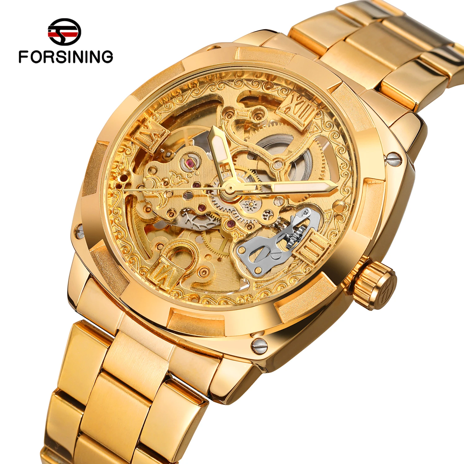 

FORSINING Ретро резьба мужские механические часы со скелетом выгравированные полые светящиеся часы из нержавеющей стали Топ роскошные деловые наручные часы