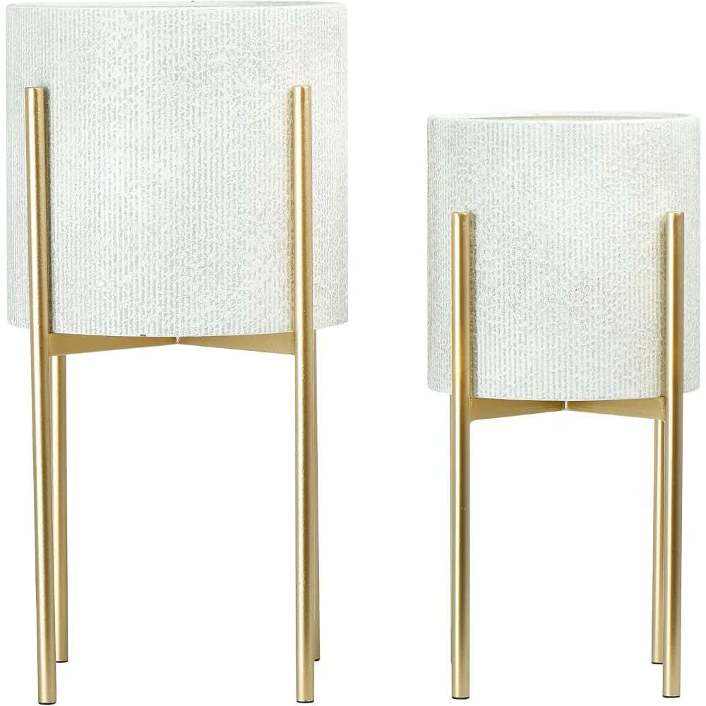 

Main + Mesa Modern Boho Embossed Metal Planters with Stands, White and Gold, Set of 2 Sizes