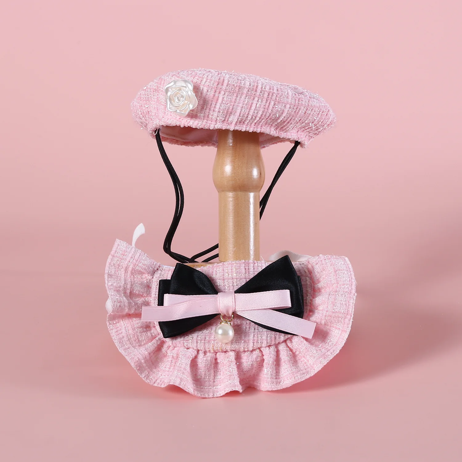 Haustier Katze Strickmütze Set Prinzessin duftende Baskenmütze Perle Schleife Blume Hund Hüte Paddel Set für Teddybär Welpen Katze Party Dress Up – Detail 3