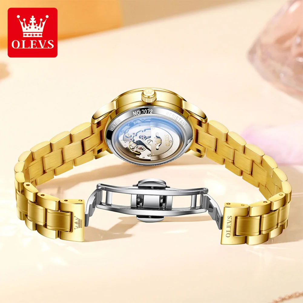 OLEVS 7072, роскошные модные женские часы с двойным календарем, золотые автоматические механические часы из нержавеющей стали для женщин, водонепроницаемые часы