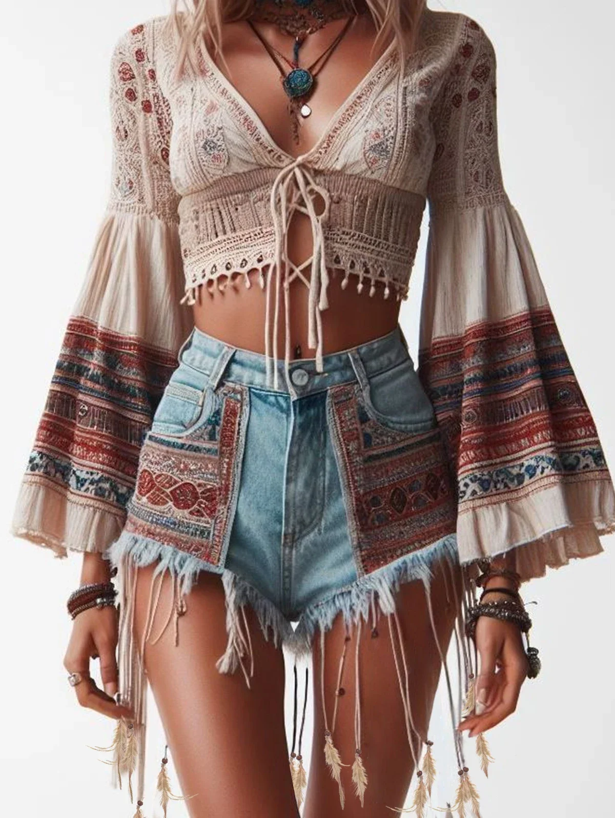 Denim Shorts Women Summer Fashion Bohemian Style Patchwork Raw Edge Tassel High Stretch High Waist Denim Shorts Women