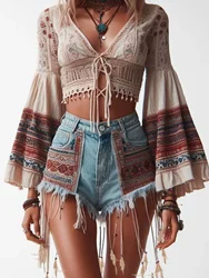 Dżinsowe szorty damskie Letnia moda Bohemian Style Patchwork Raw Edge Tassel High Stretch High Waist Denim Shorts Women