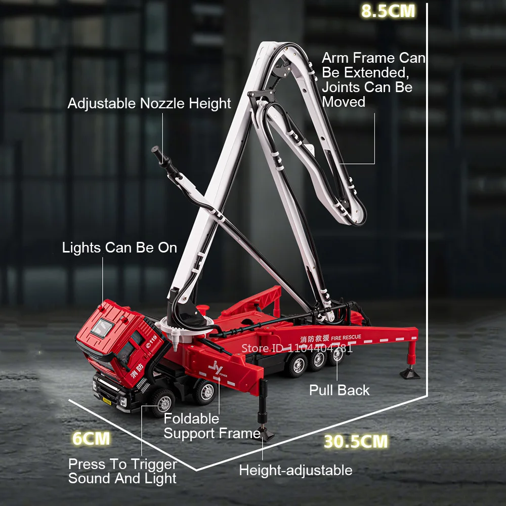 1:32 Pompa di cemento Camion Modello in lega Scaletta Acqua Camion dei pompieri Pressofuso Auto Giocattoli Spruzzo Acqua Luce Musica Tirare indietro Veicoli Regalo per bambini
