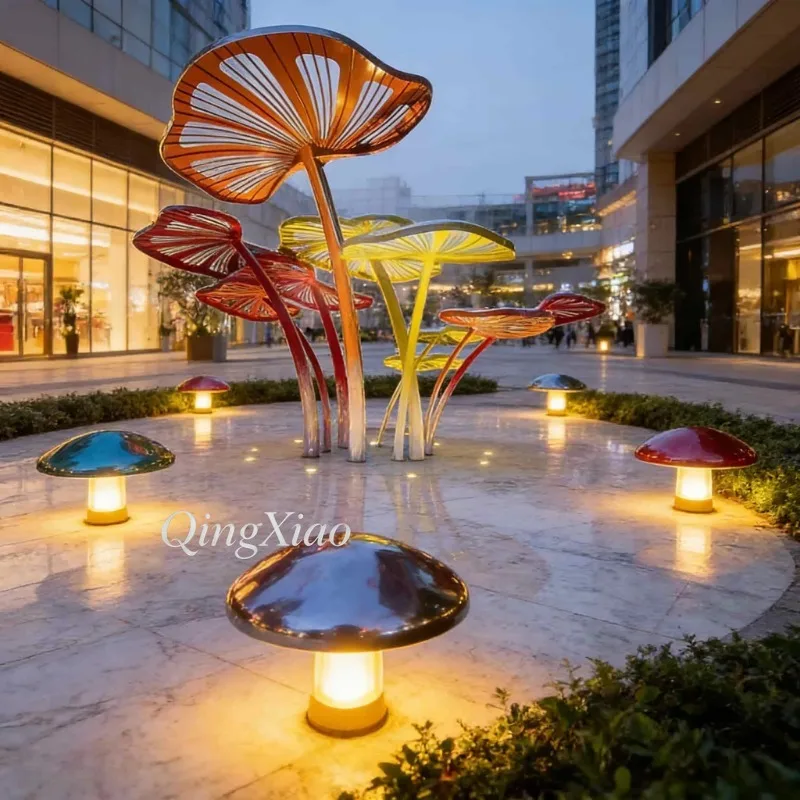 Abstract Polished Colorful Stainless Steel Mushroom Tree Sculpture Outdoor Landscape Ornament For Commercial Square Theme Park