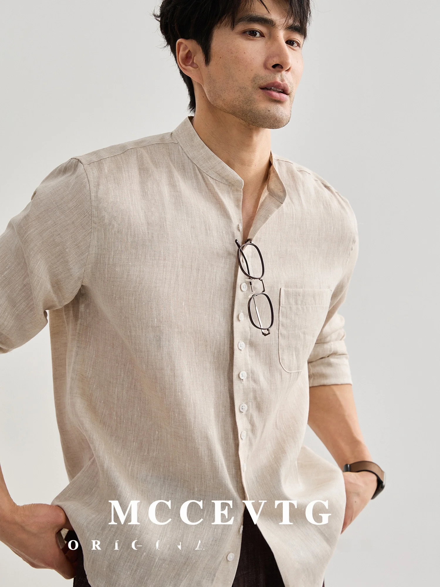 

Men's Linen Shirt Long Sleeve Casual Collar Breathable Summer Business Gentleman Style Standard Fit Pure Color Patch Pocket