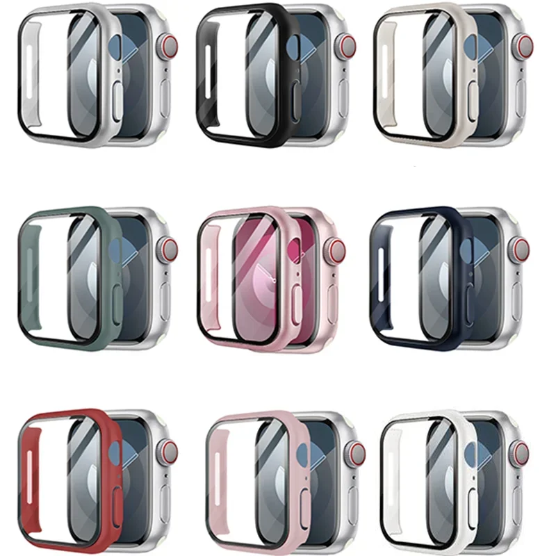 Cristal y funda para Apple Watch, Protector de pantalla de 45mm, 41mm, 44mm, 40mm, cubierta de PC para iWatch Series 3, 4, 5, SE, 6, 7, 8, 9, accesorios