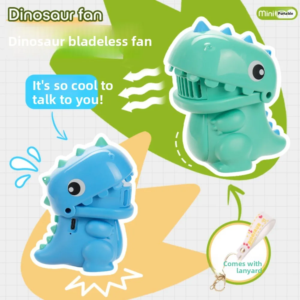 Safety Cartoon Dinosaur Handheld Fan 2 Speed USB Rechargeable Mini Portable Keychain Hanging Bladeless Fan Boys Girls'Gifts image 2