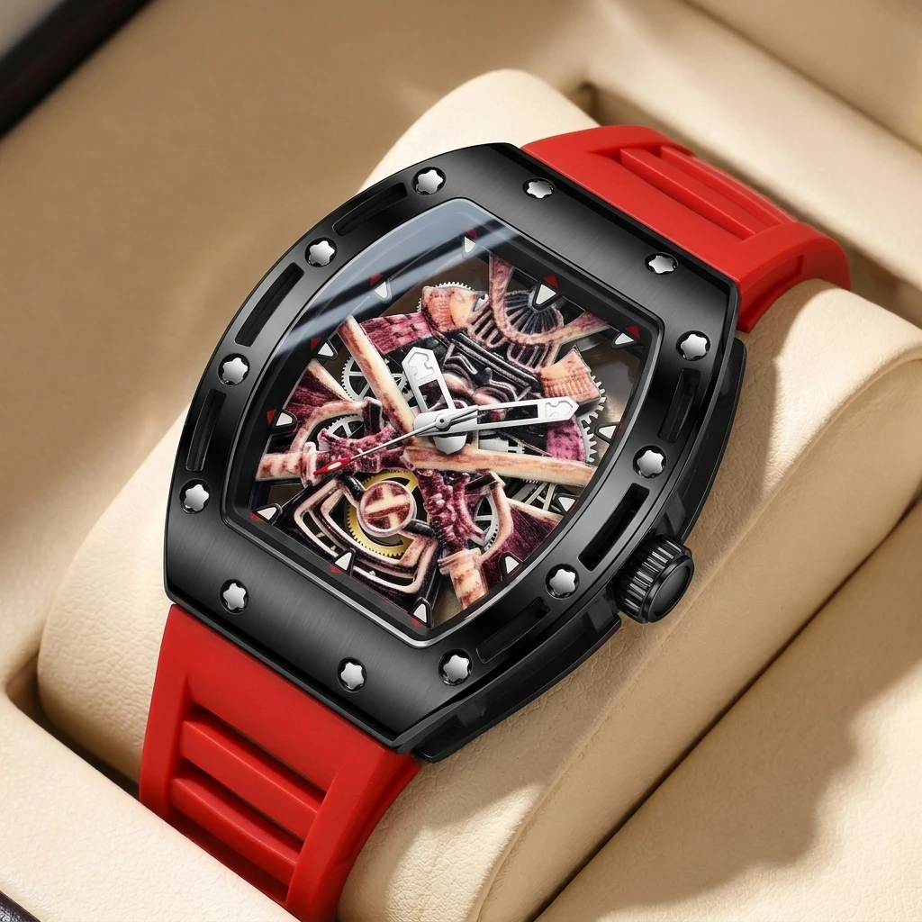 

1 шт. модные стильные часы с красным ремешком, квадратным корпусом и узором в стиле самураев, с вырезами.