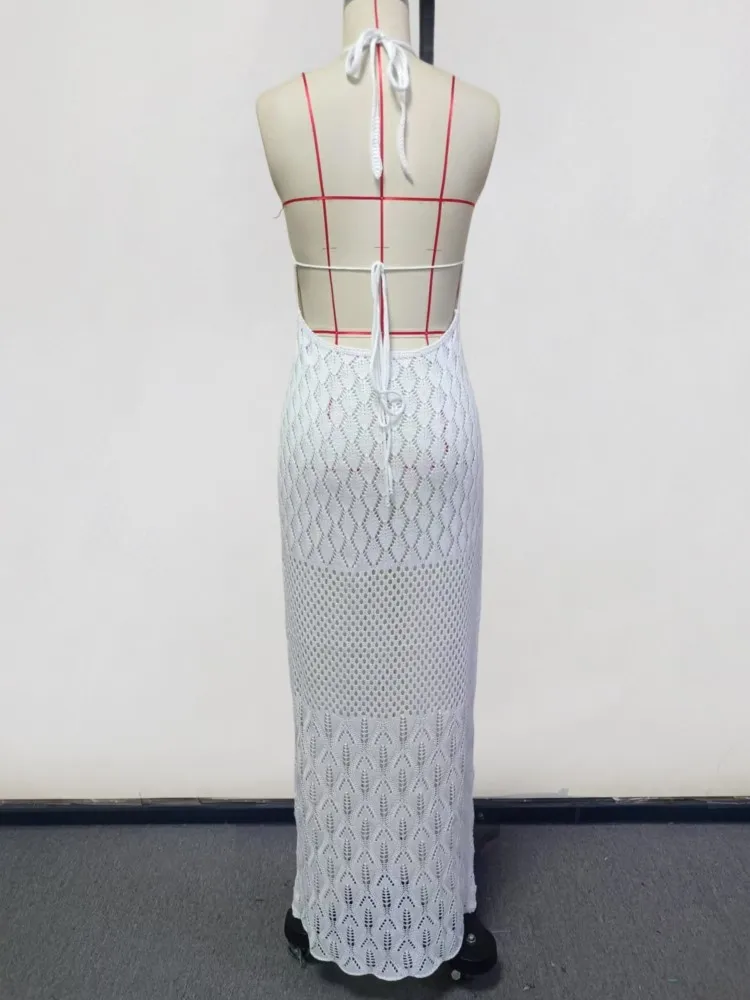 Robe de plage longue en tricot pour femmes, Sexy, ajourée, décolleté en v profond, sans manches, Cover-Up pour Bikini, dos nu, robe de vacances, automne, 2026