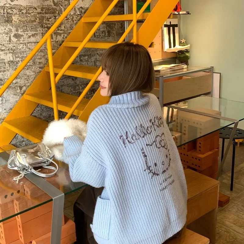 

Hello Kitty Cartoon Printed Single Breasted Design Knitted Jacket Korean Version Loose Knitted Long Sleeved Cardigan Spring New