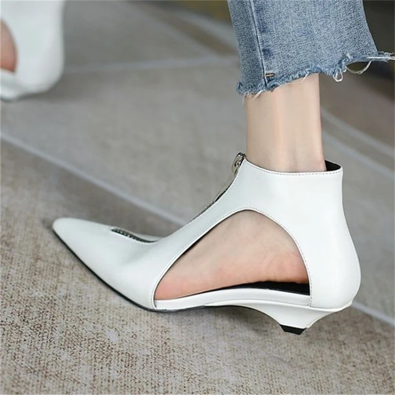 Genuine Leather Zipper Hollow Women Ankle Boots Sexy Pointed Toe Cool Ladies Shoes Summer Solid Color Boots Botines Para Mujeres