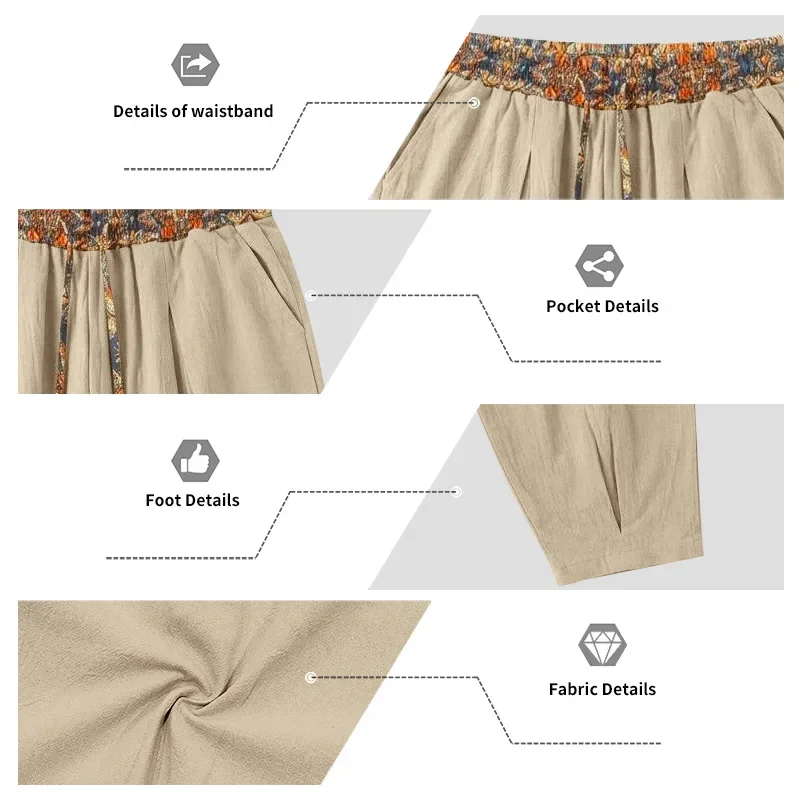 Herren 95% Leinen Haremshose Boho Blumenmuster Kordelzug Taille Lässige Weite Hose Strand Urlaub Knöchellange Hose – Detail 24