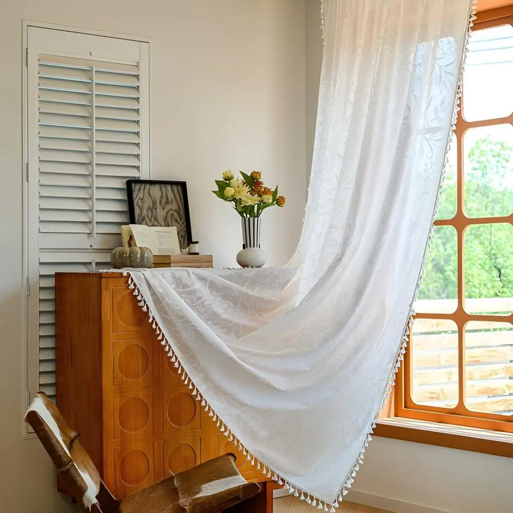 200004    French translucent curtains, window screens, hollowed out lace curtains, Bohemian fringe bedroom, living room