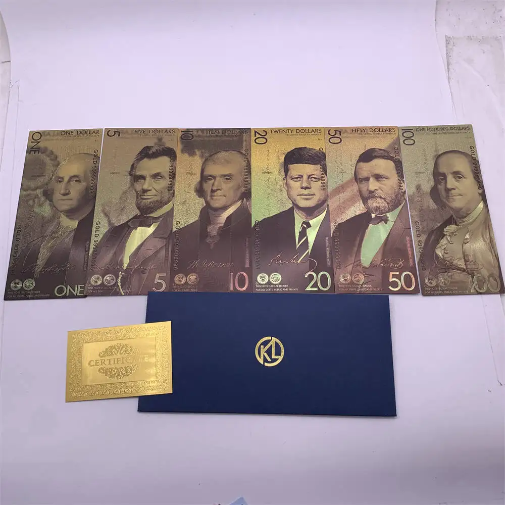 أوراق نقدية تذكارية برقائق ذهبية ، جمع فواتير الدولار ، دولار واحد ، 5 دولارات ، 10 دولارات ، 20 دولارًا ، 50 دولارًا ، دولار أمريكي ، أمريكي ، رئاسي ، 6 الكثير