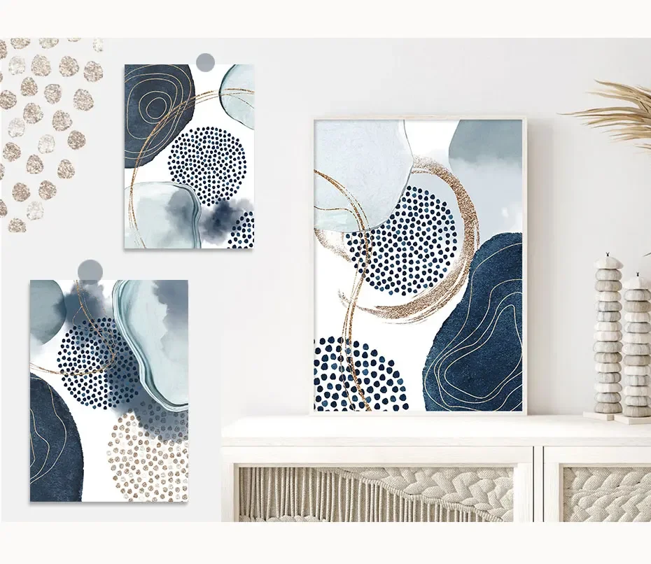 Scandinavian Abstract Wall Art Watercolor Painting Blue Gold Geometric Shapes Poster Print Home Bedroom Living Room Decoration
