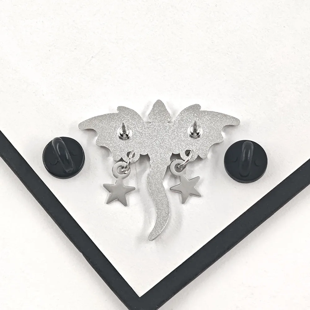Gothic Black Dragon Enamel Pins Dangling Star Crescent Moon Brooches Witchy Mythical Hanging Chain Lapel Badges Cool Jewelry Gif