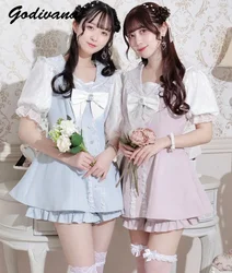 New Summer Women's Mine Lace Stitching Bow Short Sleeve Shirt Dress and Shorts Two-Piece Set Girls Sweet Lolita Outfits