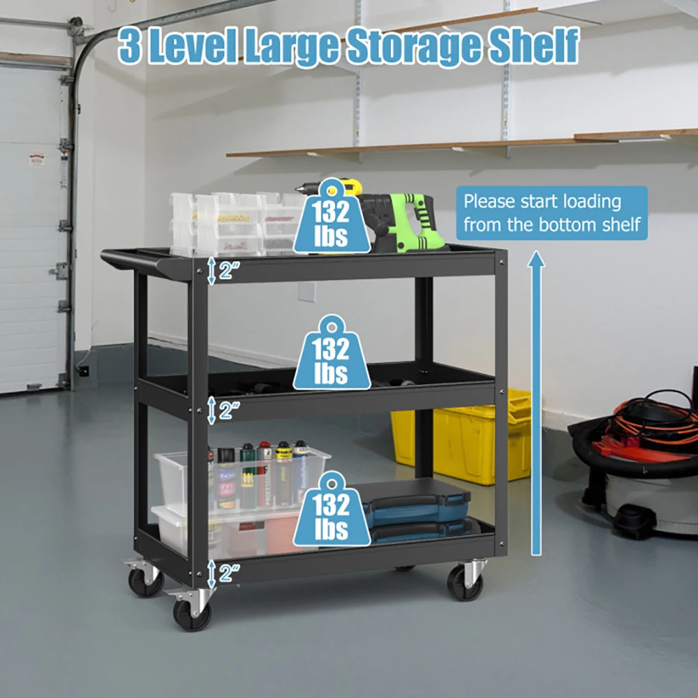 Carrinho utilitário de metal de 3 camadas com design de armazenamento espaçoso de alta qualidade, ferramenta com alça plana e 2 rodas universais com fechadura