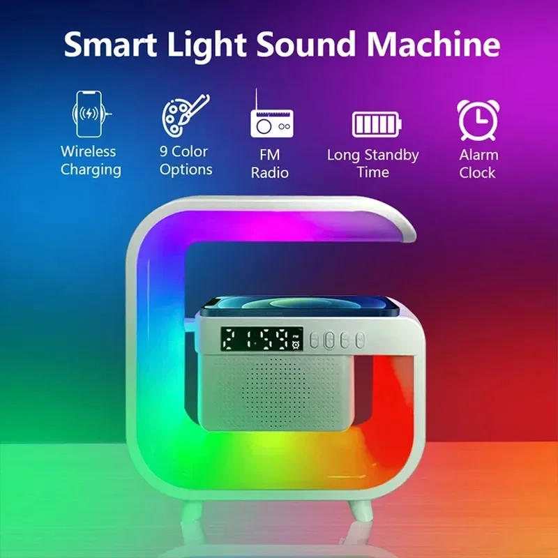 Suporte de carregador sem fio multifuncional, Bluetooth 5.0 Speaker, FM, TF, RGB, luz noturna, estação de carregamento rápido para Xiaomi, iPhone, Samsung