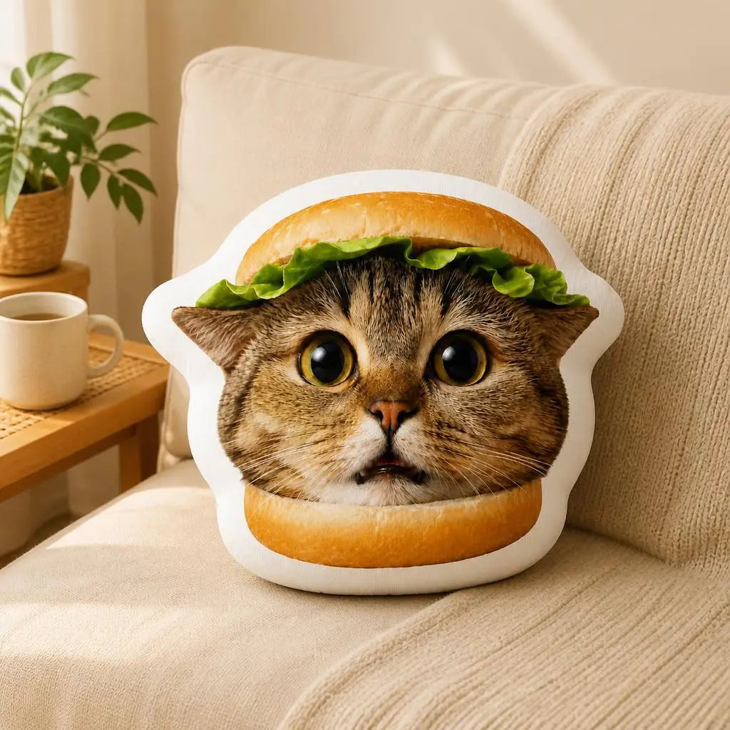 Burger Cat Funny Food Meme Plush Pillow Cushion Irregular Stuffed Throw Pillow Home Decor Gift Sofa Bed