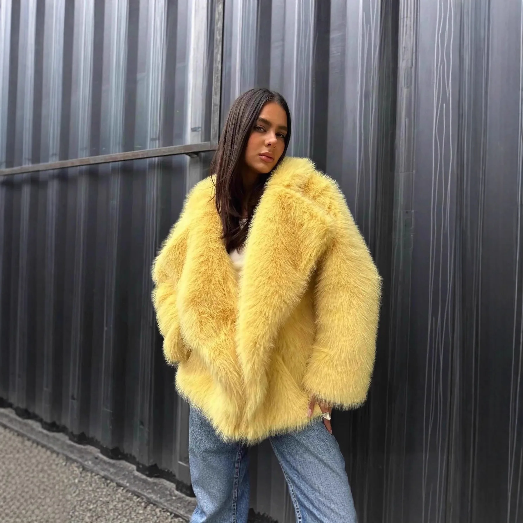 New Yellow Plush Faux Fur Eco Lapel Women's Cardigan