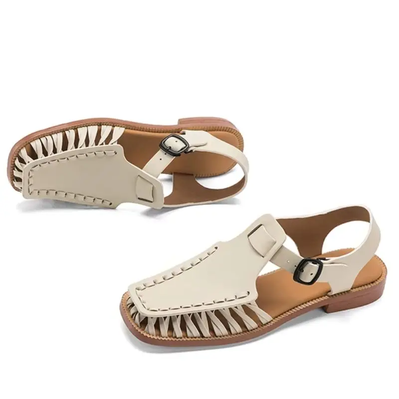 

Women's New Summer Sandals Square toe Genuine Leather Cowhide Low Heel Retro Buckle Comfortable Breathable Roman Footwear