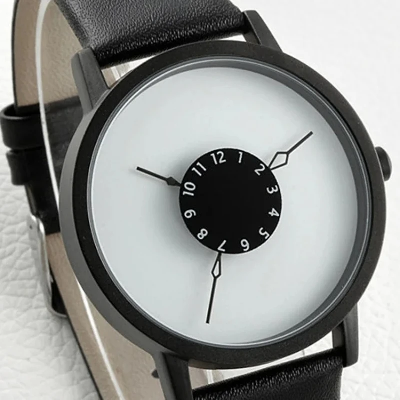 مفهوم متقدم جديد شخصية عكس مؤشر المرأة والرجال نسخة بسيطة أسود أبيض زوجين حزام كوارتز ساعة اليد