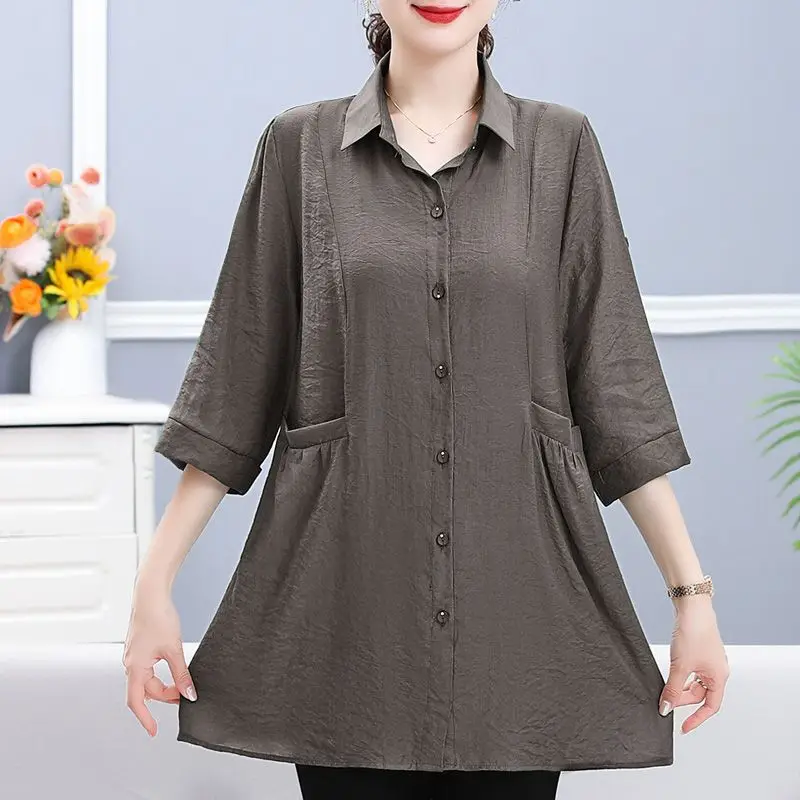 Casual Solid Color Midi Shirt Commute Single-breasted Fashion Turn-down Collar Summer 3/4 Sleeve Female Clothing Pockets Blouse