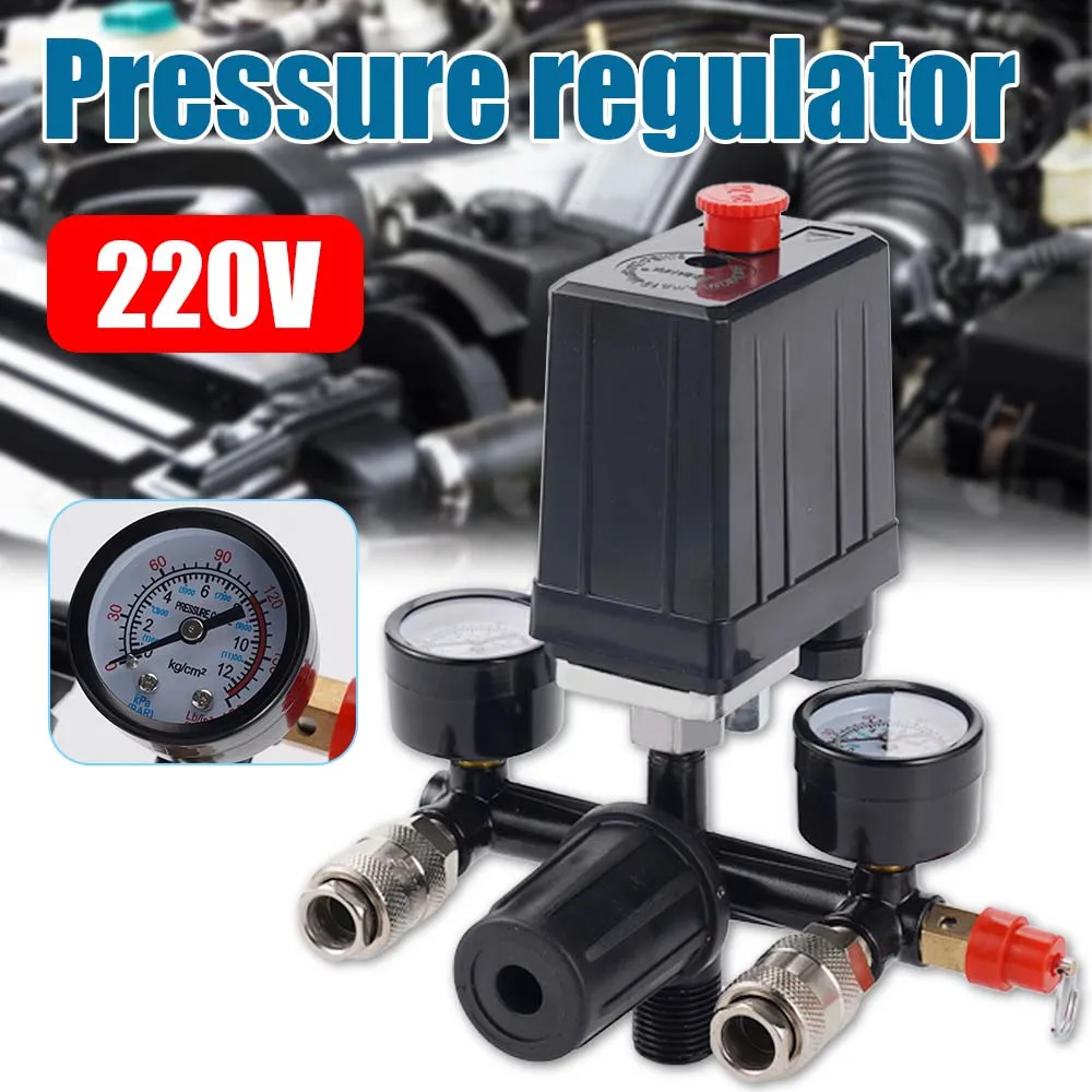 Válvula de compressor de ar 230-220v, válvula de interruptor de controle de pressão do compressor de ar 90-120psi, suporte de liga de alumínio 1/4 "bsp ar