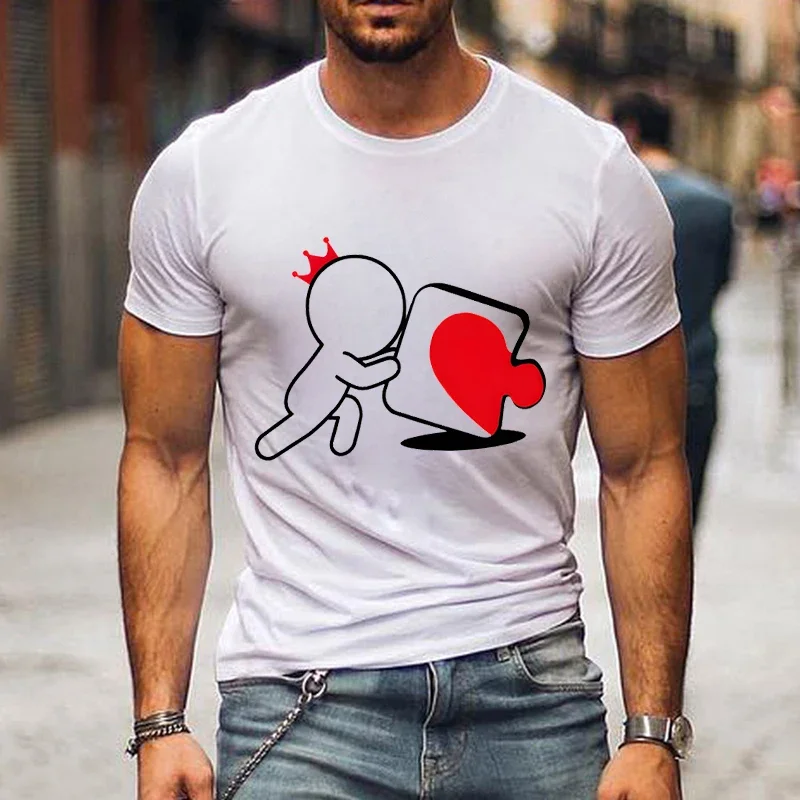 Cartoon Girl Boy Heart Puzzle Print Couple T Shirt Short Sleeve Loose King Queen Tshirt Fashion Trend Lovers Shirt Women Man Tee