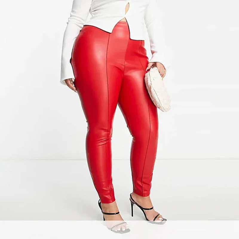 Women's Mid Waist Faux Leather Pencil Pants, PU Skinny Tights, Elastic Stretchy Leggings, Sexy Trousers, Red, Plus Size, Winter