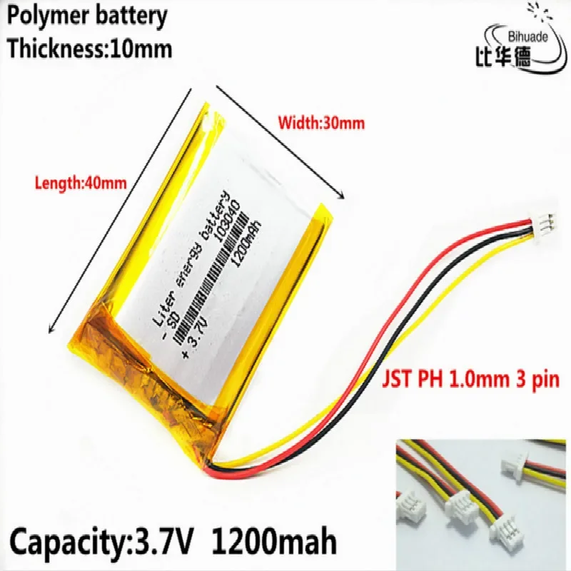 JST PH 1,0 mm 3 pines buena calidad 3,7 V, 1200 mAH 103040   Batería de polímero de iones de litio/Li-ion para tableta pc BANK, GPS, mp3, mp4