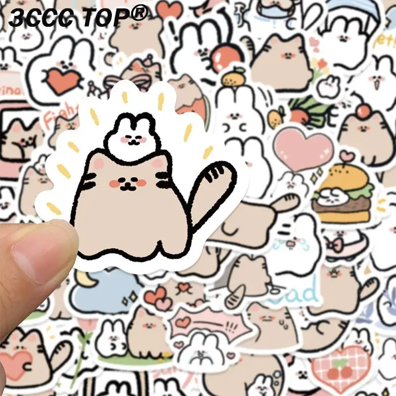 60Pcs Kawaii Cat Rabbit Cartoon Sticker Cute Animal Decals Kids Toys DIY Scrapbook Laptop Stationary Guitar Suitcase Car Sticker