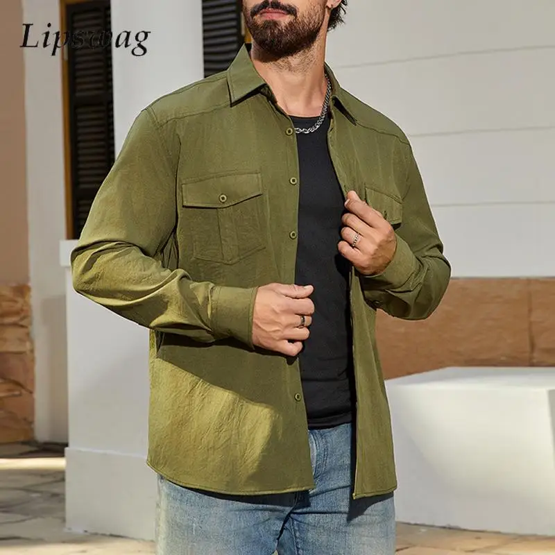 

Fashionable Men's Multi Pockets Cargo Shirt Streetwear Autumn Casual Solid Color Button-up Cardigan Mens Tops Vintage Cargo Top
