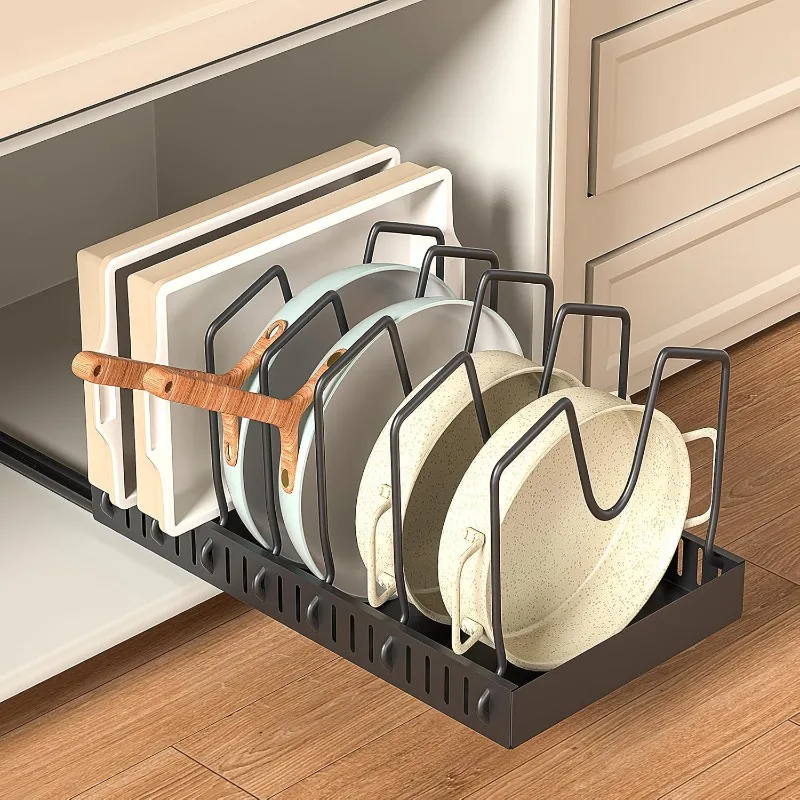 Pull-out Pots and Pans Organizer 2 Pack - Under Cabinet Pot Lid Holder for Kitchen - Bakeware & Dishes Storage Rack