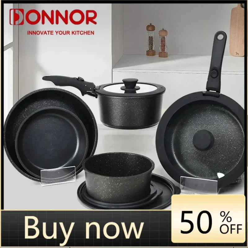 

Набор суповых кастрюль с антипригарным покрытием DONNOR, сковорода для домашнего завтрака, жареных блинов, яиц со стеклянной крышкой, съемная ручка, кухонные принадлежности