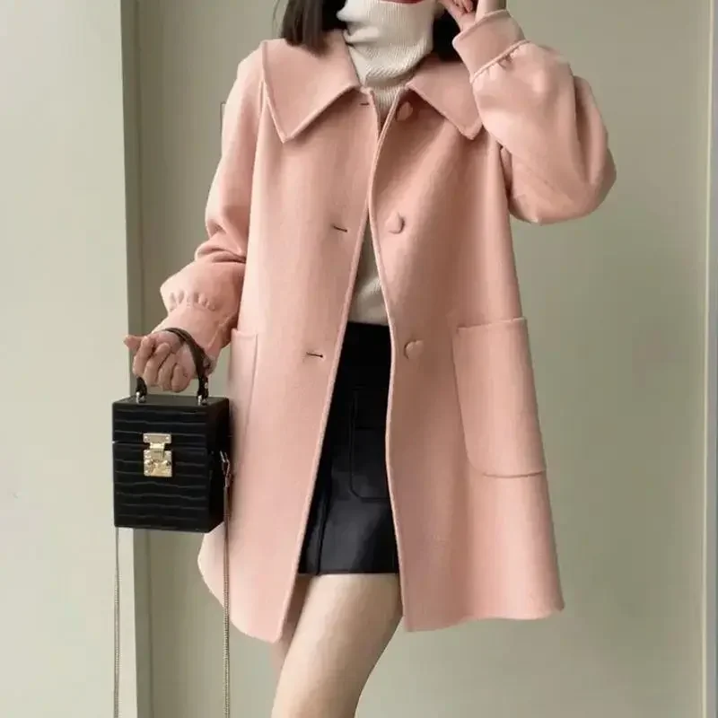 

2024 Autumn/winter New Medium-length Slimming Woolen Jacket Heart-shape Button Top Age-reducing Doll Neck Woolen Coat For Women