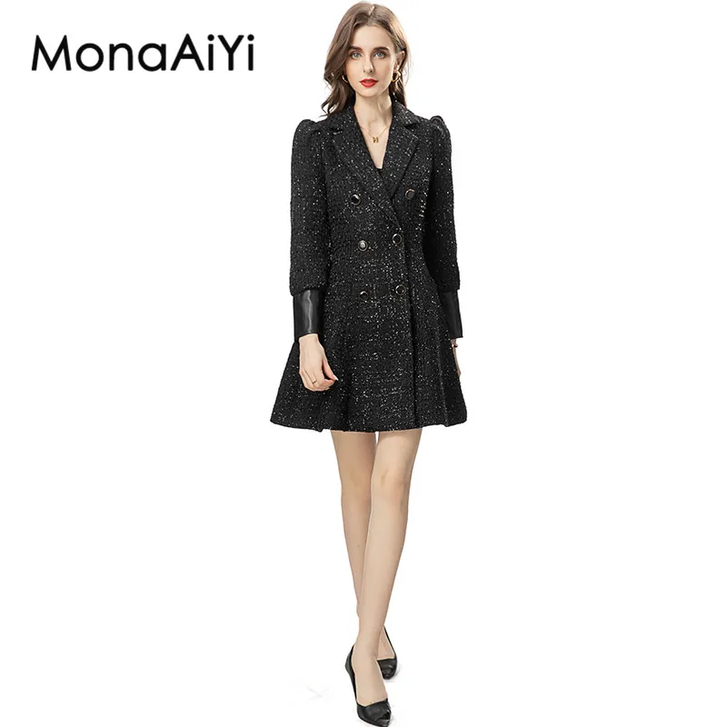 MonaAiYi 2023 New Fashion Runway Designer Women's Coat Polo Collar Long Sleeves Detachable Belt Double Breasted Coat