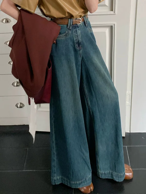 Damskie jeansy z wysokim stanem i szerokimi nogawkami, retro, luźny krój, maskujące niedoskonałości, długie spodnie, uniwersalne dżinsy denimowe na każdą porę roku.