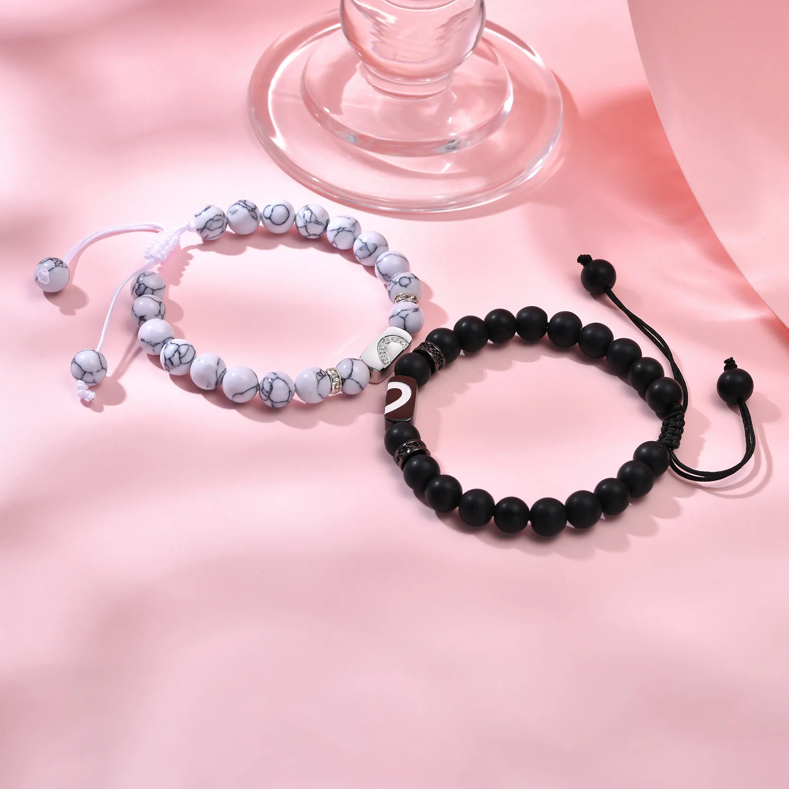 Couple Bracelets Agate White Turquoise Stainless Steel Stone Beaded Adjustable Braided Bracelet For Women Mens Husband Wife Gift image 5