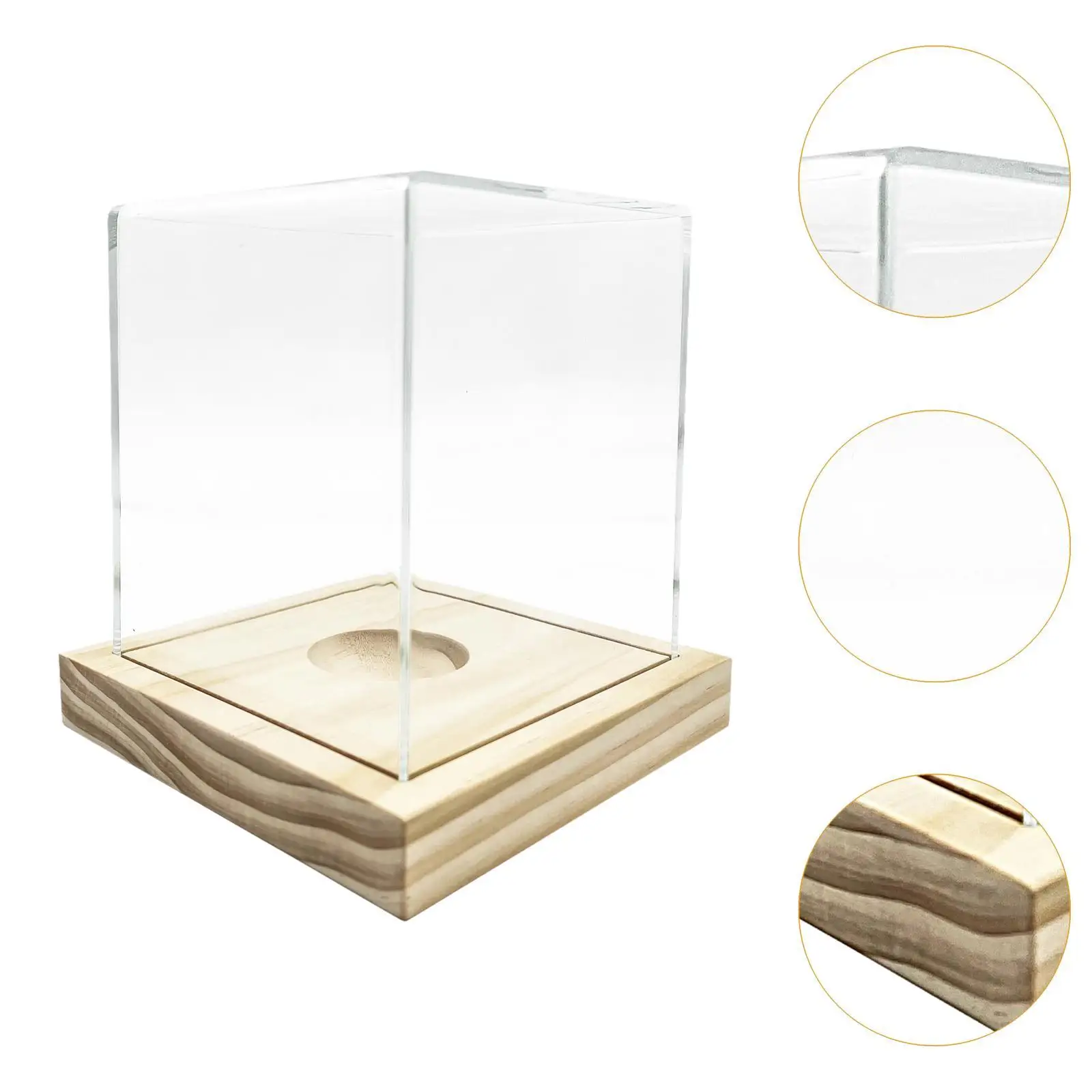 Vitrina de béisbol Base de madera cuadrada Cubo acrílico a prueba de polvo transparente para