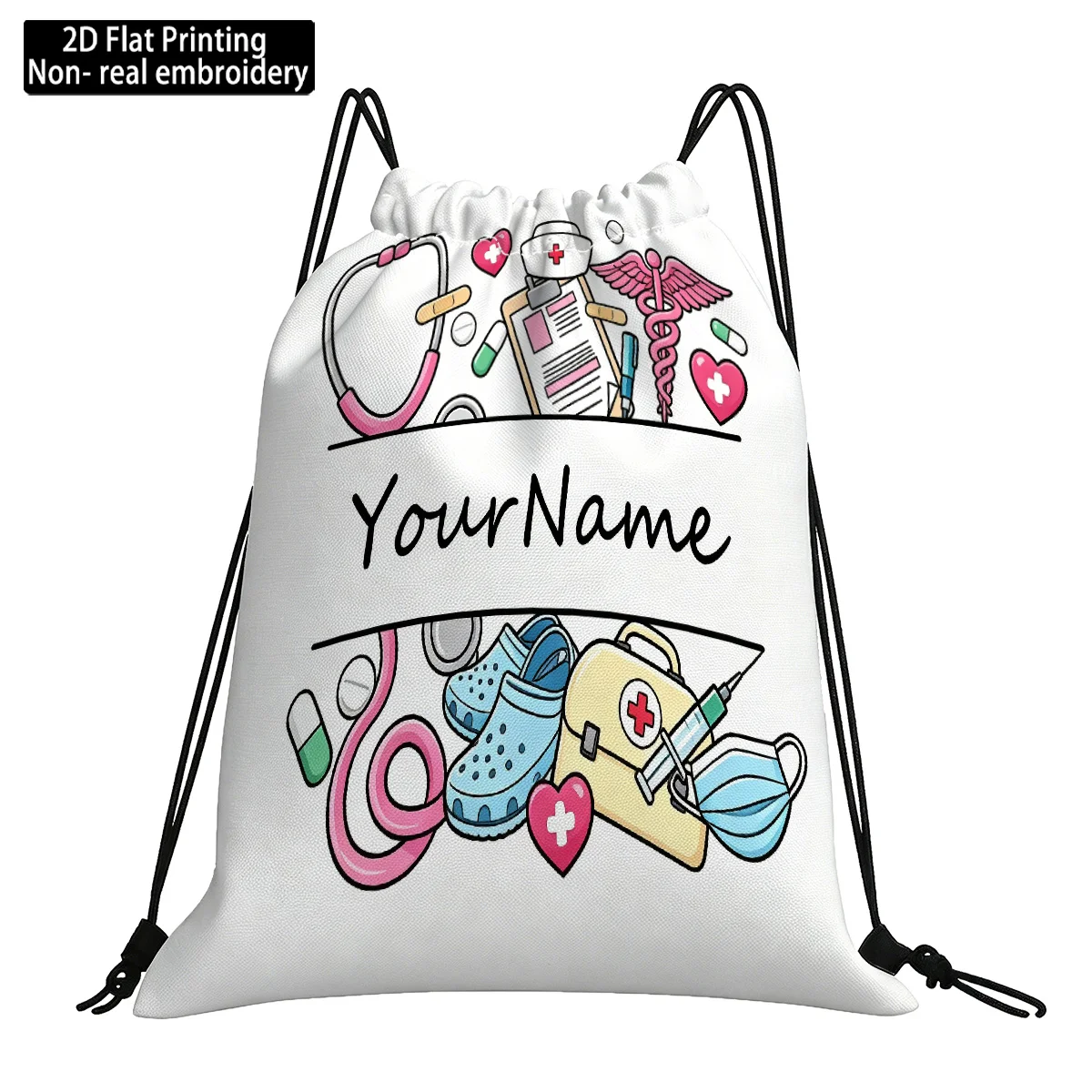 1PC Personalized Nurse Drawstring Bag Custom Name Pink Medical Tools Print Gift Backpack for Nurses Travel Work Daily Storage