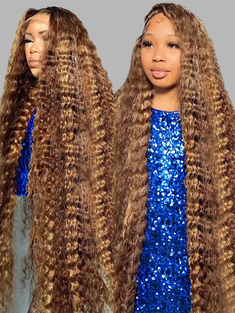 40 42Inch Ombre Highlight Deep Wave Frontal Wig Human Hair 250% Colored Honey Blonde Curly 13x4 13x6 HD Lace Front Wig for Women