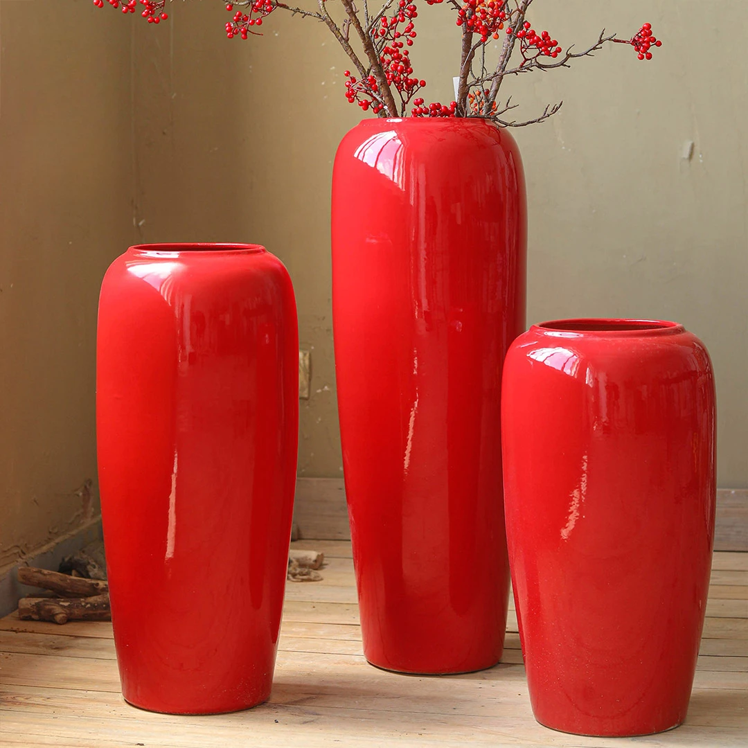 The product can be customized.Chinese red ceramic floor large vase New Chinese style hotel classical flower