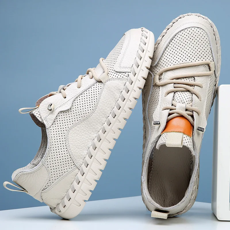 

Men Casual Leather Sneakers Beige Breathable Low-top Shoes Comfortable Lace-up Footwear with Heel Pull Tab Lightweight Non-slip