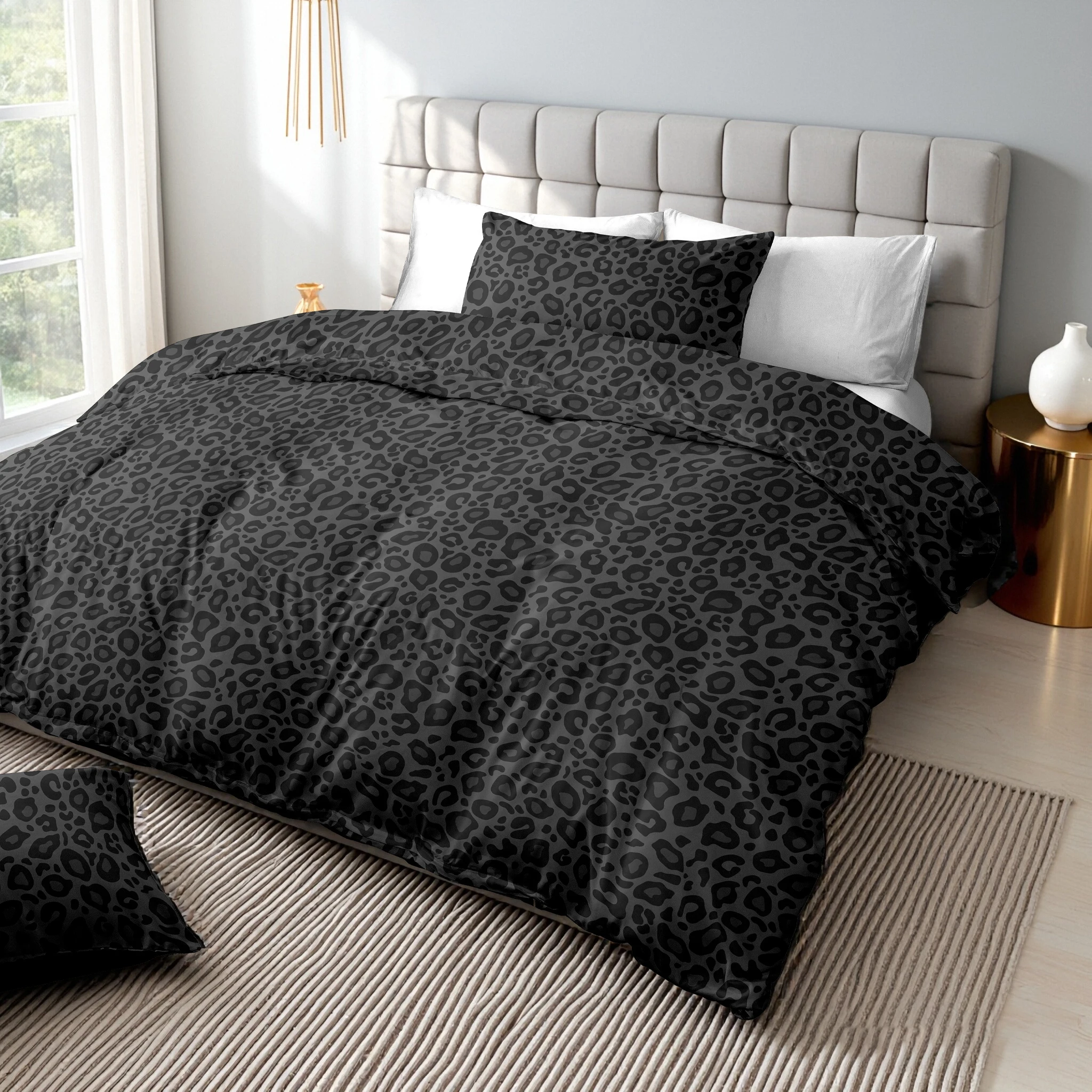 Juego de cama con estampado de leopardo negro de 3 piezas, suave y transpirable, juego de cama con estampado animal, tamaño doble/completo/queen/king, ideal para regalar