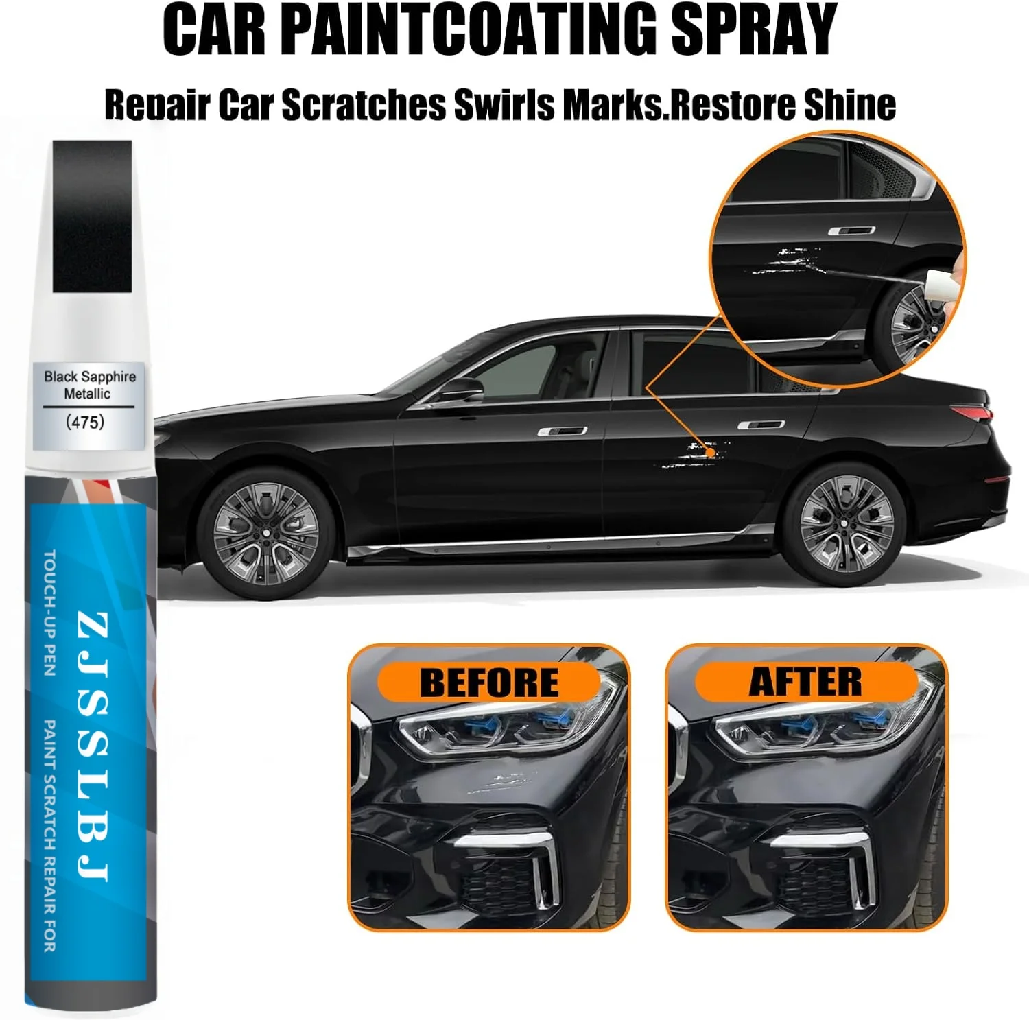 Car Touch Up Paint(Black Sapphire Metallic(475)) for BMW, Car Paint Scratch Repair Kit, Quick & Easy Solution to Repair, 2 in 1
